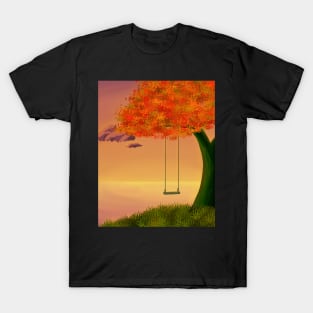 Autumn Sunset Tree Swing Painting - Autumn Anime Scenery Painting T-Shirt